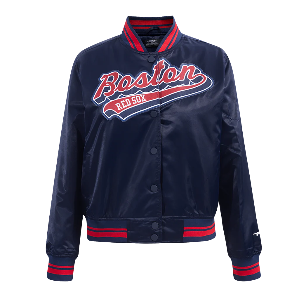 MLB BOSTON RED SOX SCRIPT TAIL WOMEN'S SATIN JACKET (MIDNIGHT NAVY/RED/MIDNIGHT NAVY)