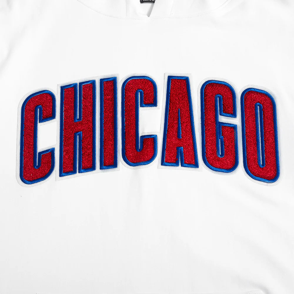 MLB CHICAGO CUBS CLASSIC CHENILLE MEN'S DOUBLE KNIT SHORT SLEEVE PULLOVER HOODIE (WHITE/RED) - Image 5