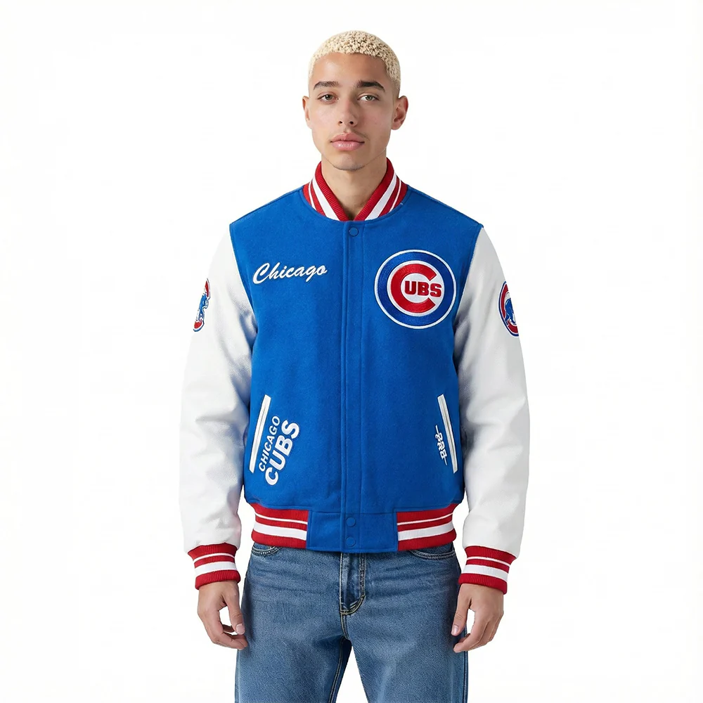 MLB CHICAGO CUBS TEAM BADGE MEN'S RIB WOOL VARSITY JACKET (ROYAL BLUE/RED)