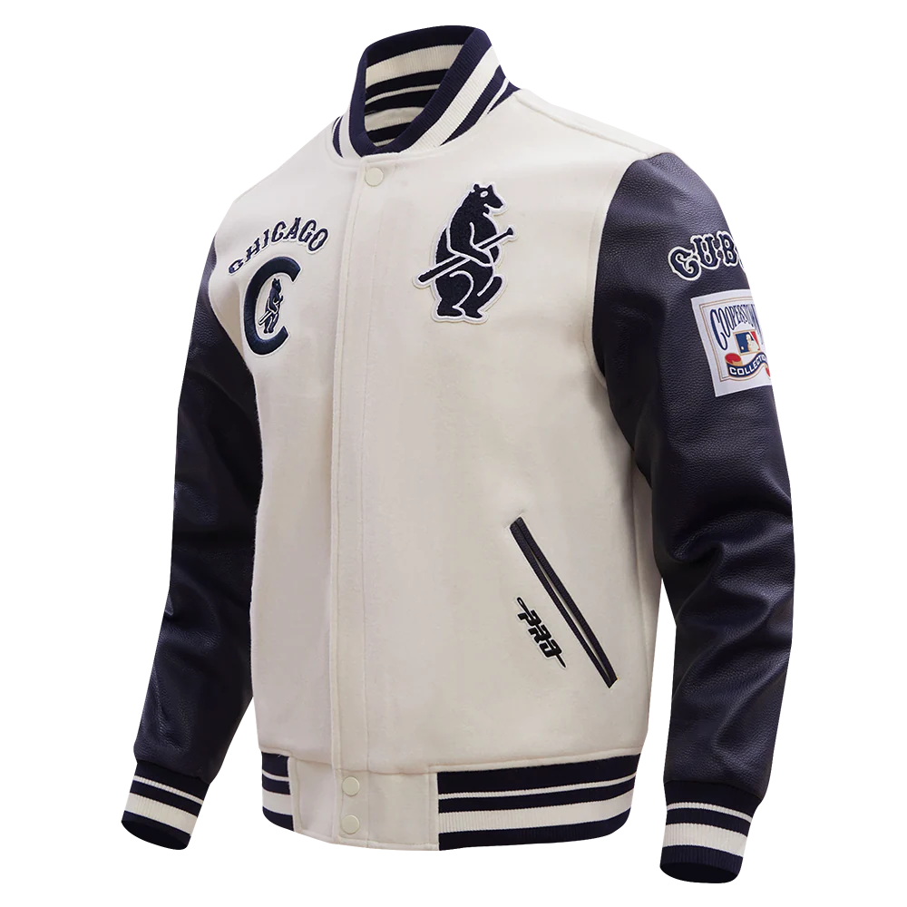 MLB CHICAGO CUBS RETRO CLASSIC MEN'S RIB WOOL VARSITY JACKET (EGGSHELL/MIDNIGHT NAVY) - Image 2