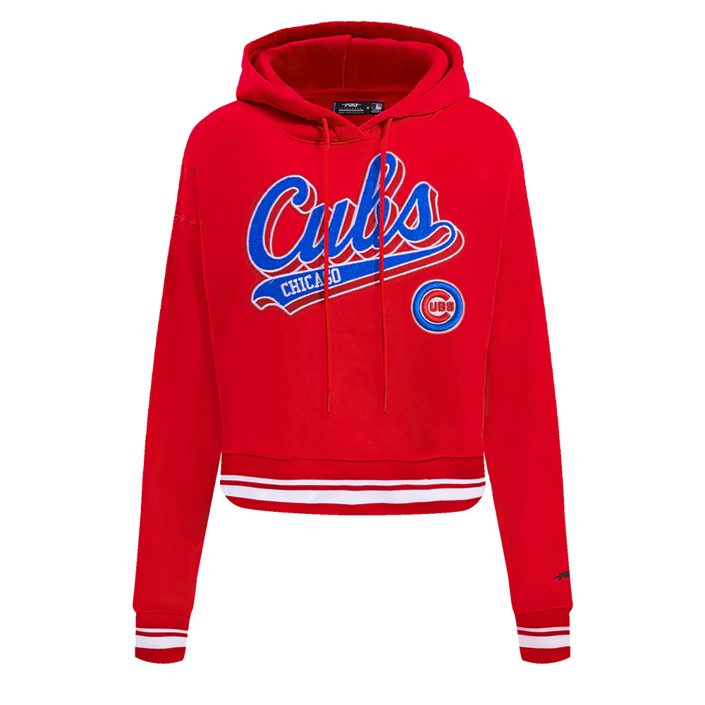 MLB CHICAGO CUBS SCRIPT TAIL WOMEN'S RIB FLEECE CROPPED PULLOVER HOODIE (RED)