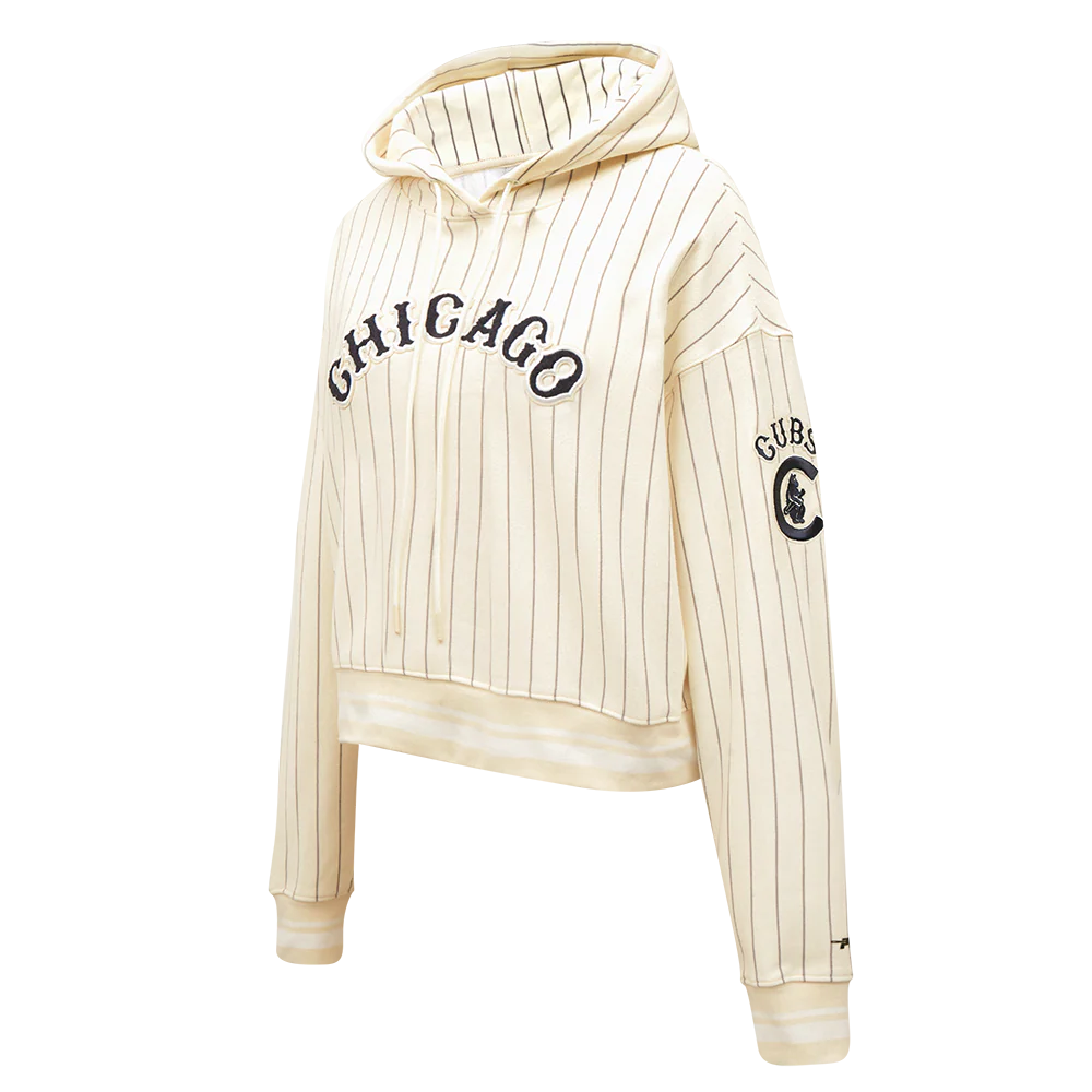 MLB CHICAGO CUBS PINSTRIPE RETRO CLASSIC WOMEN'S RIB CROPPED PO HOOD (EGGSHELL/ GREY) - Image 2