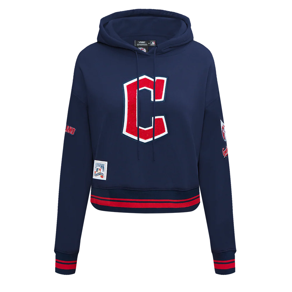 MLB CLEVELAND GUARDIANS RETRO CLASSIC WOMEN'S CROPPED PULLOVER HOODIE (MIDNIGHT NAVY/RED/MIDNIGHT NAVY)