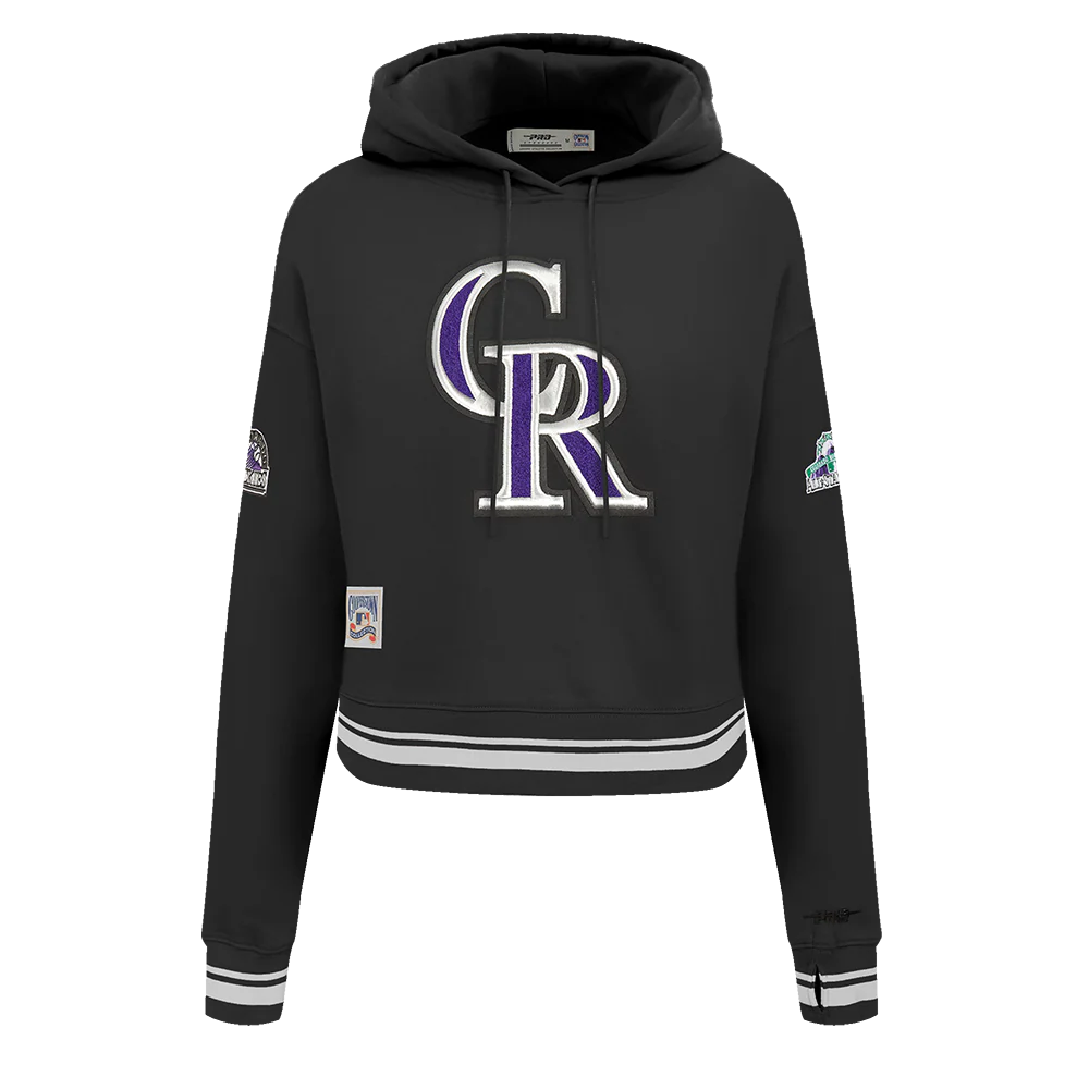 MLB COLORADO ROCKIES RETRO CLASSIC WOMEN'S RIB CROPPED PULLOVER HOODIE (BLACK)