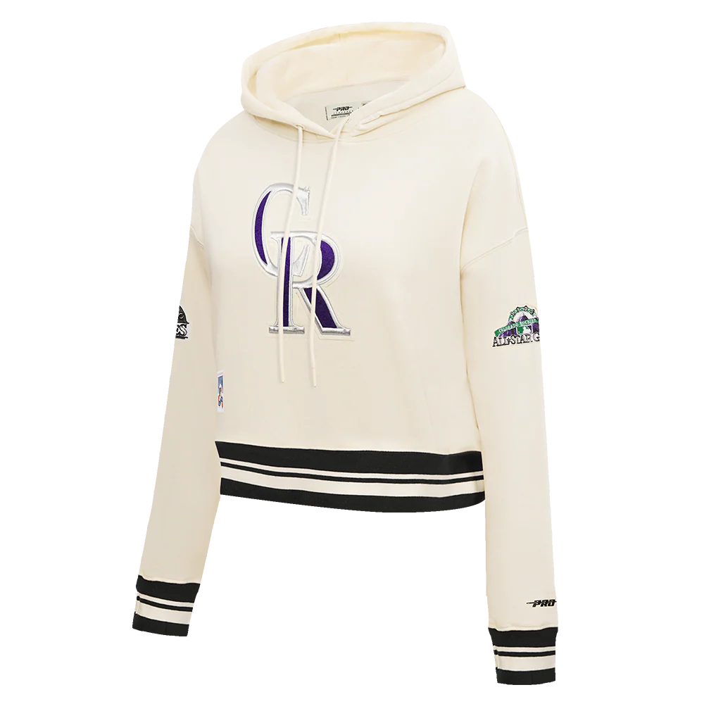 MLB COLORADO ROCKIES RETRO CLASSIC WOMEN'S RIB CROPPED PULLOVER HOODIE (EGGSHELL/ BLACK) - Image 2