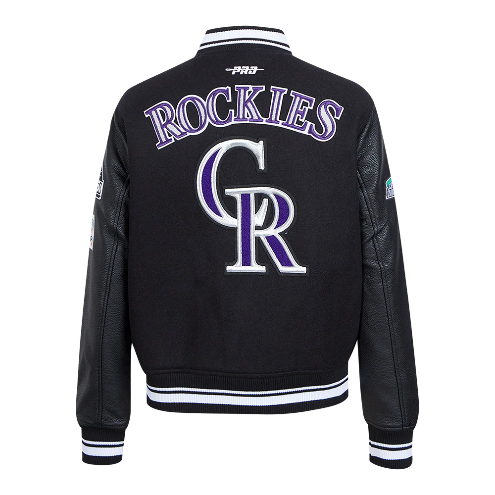 MLB COLORADO ROCKIES RETRO CLASSIC WOMEN'S RIB WOOL VARSITY JACKET (BLACK) - Image 3