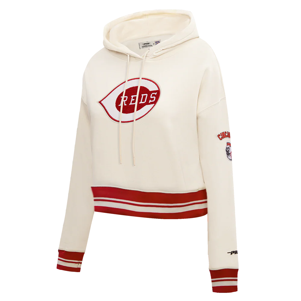 MLB CINCINNATI REDS RETRO CLASSIC WOMEN'S RIB CROPPED PULLOVER HOODIE (EGGSHELL/ RED) - Image 2