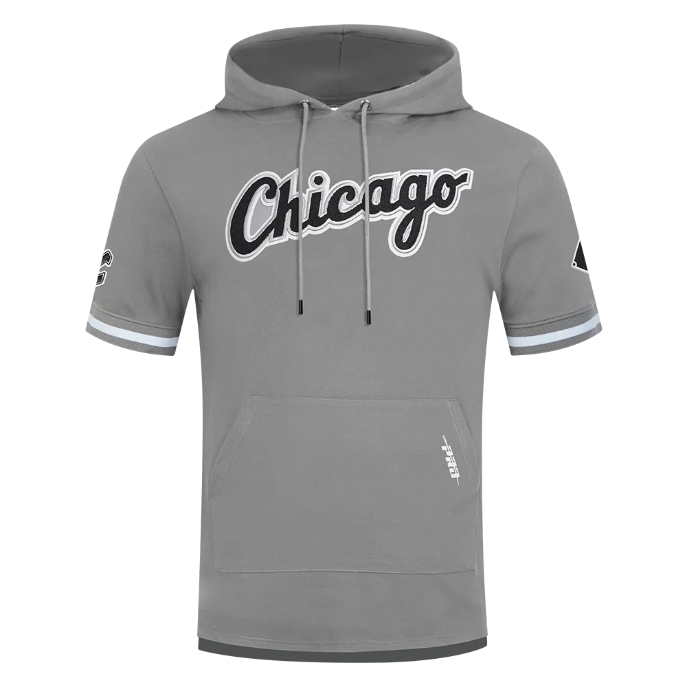 MLB CHICAGO WHITE SOX CLASSIC CHENILLE MEN'S DOUBLE KNIT SHORT SLEEVE PULLOVER HOODIE (GRAY)