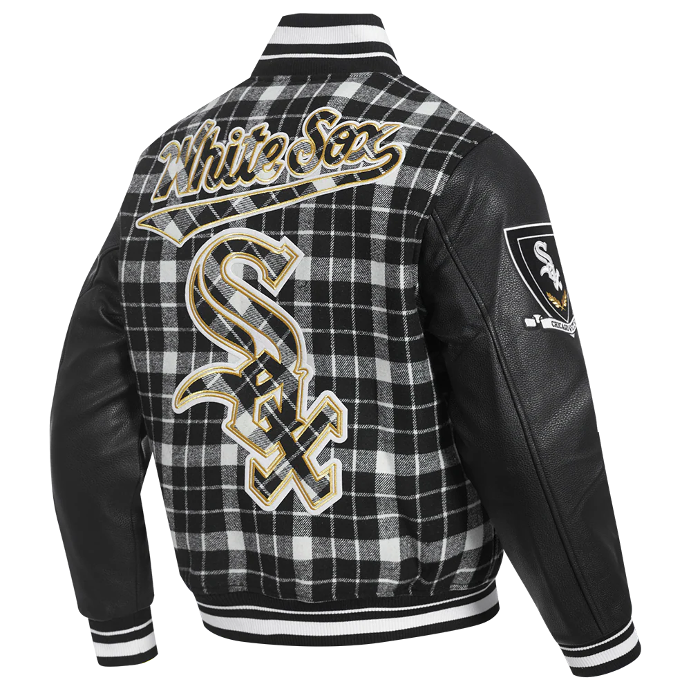 MLB CHICAGO WHITE SOX PRO PREP PLAID MEN'S WOOL VARSITY JACKET (WHITE/BLACK) - Image 4