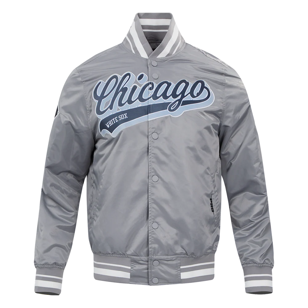 MLB CHICAGO WHITE SOX SCRIPT TAIL MEN'S SATIN JACKET (GRAY)