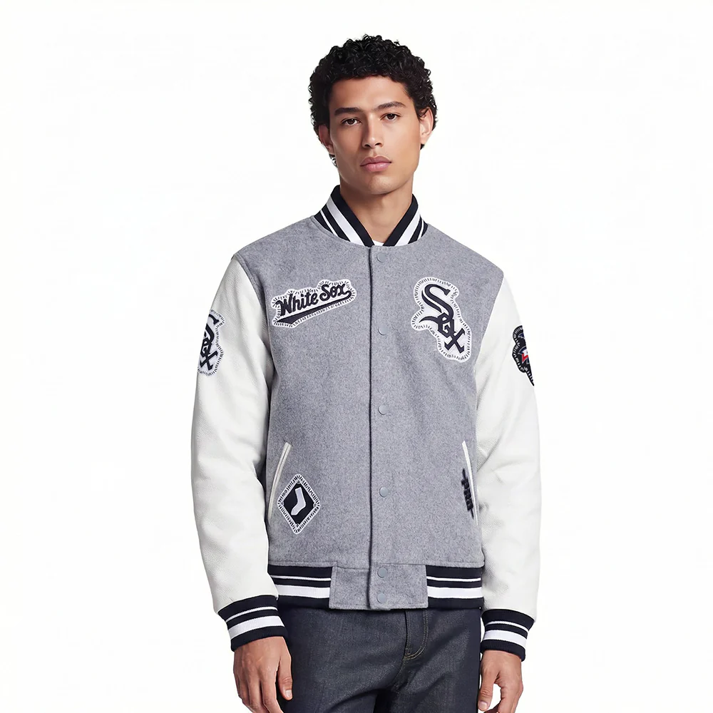 MLB CHICAGO WHITE SOX DIY PICK STITCH MEN'S RIB WOOL VARSITY JACKET (HEATHER GREY/WHITE/BLACK)