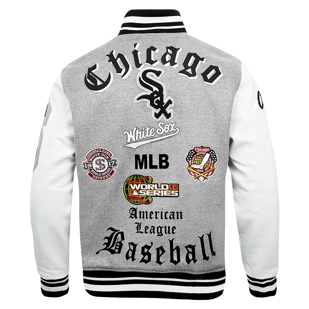 MLB CHICAGO WHITE SOX OLD ENGLISH MEN'S RIB WOOL VARSITY JACKET (HEATHER GREY/WHITE/BLACK) - Image 3