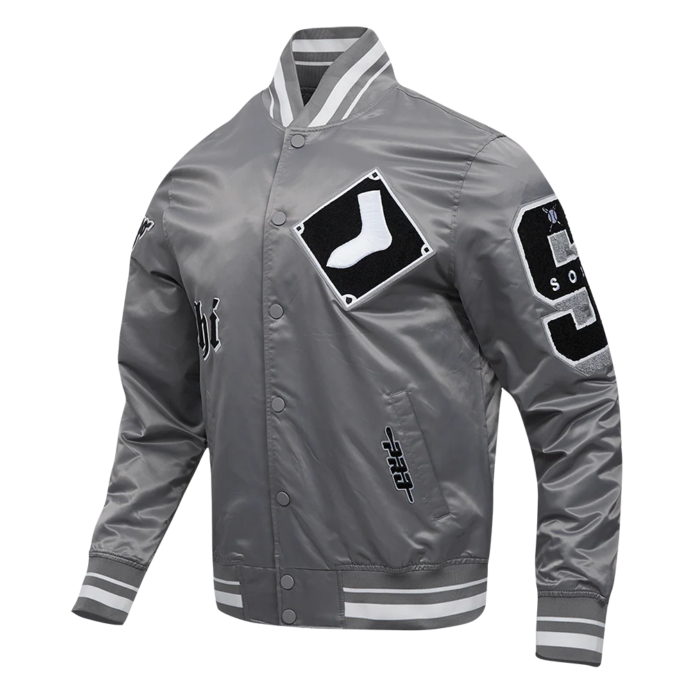 MLB CHICAGO WHITE SOX OLD ENGLISH MEN'S RIB SATIN JACKET (GRAY) - Image 2