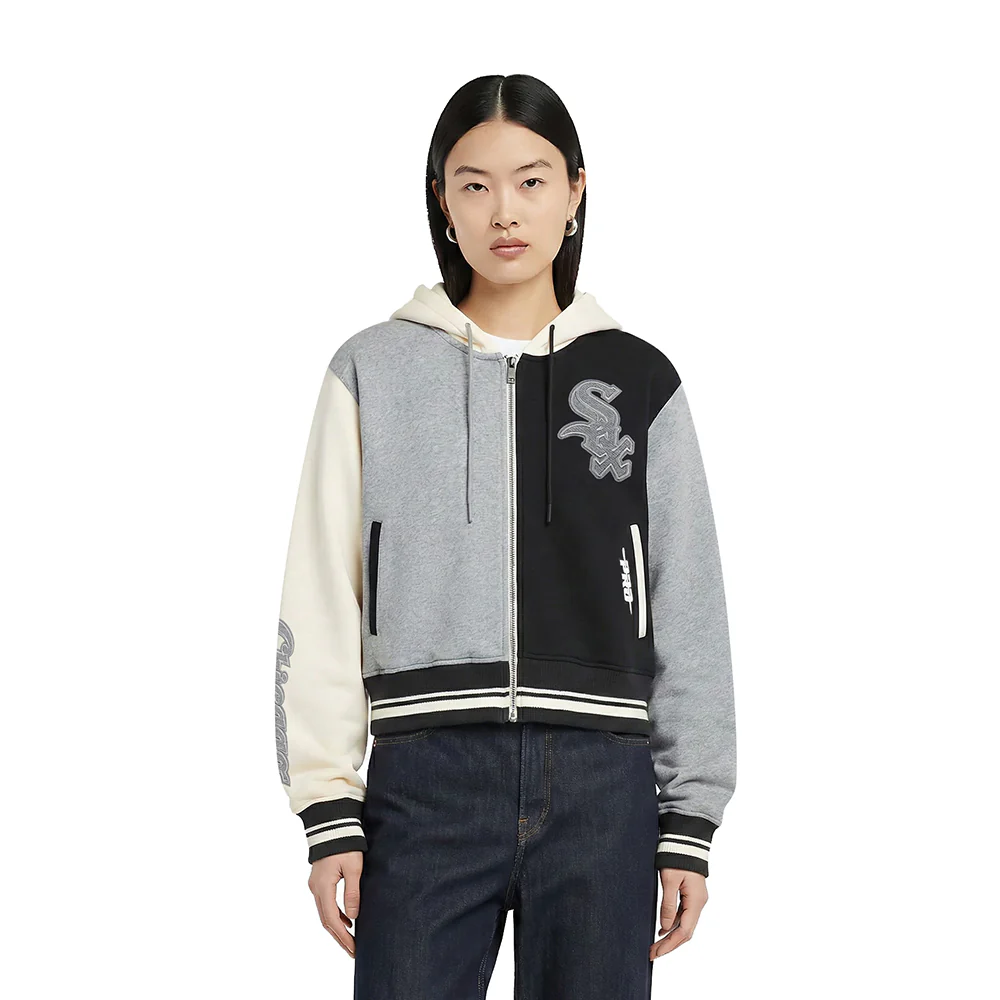 MLB CHICAGO WHITE SOX REVERSE FRENCH TERRY WOMEN'S COLORBLOCK FLC FZ (BLACK/GRAY/EGGSHELL)