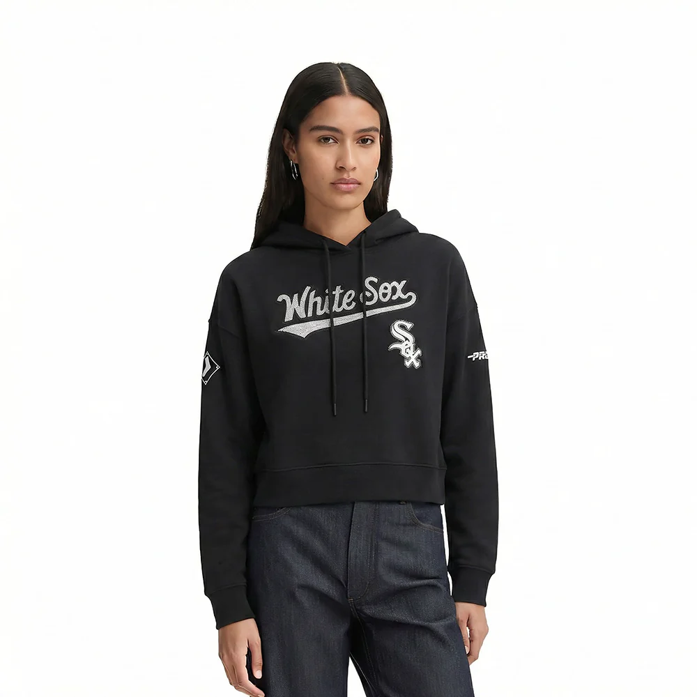 MLB CHICAGO WHITE SOX GAME DAY CLASSICS WOMEN'S DOUBLE KNIT CROPPED PULLOVER HOODIE (BLACK)