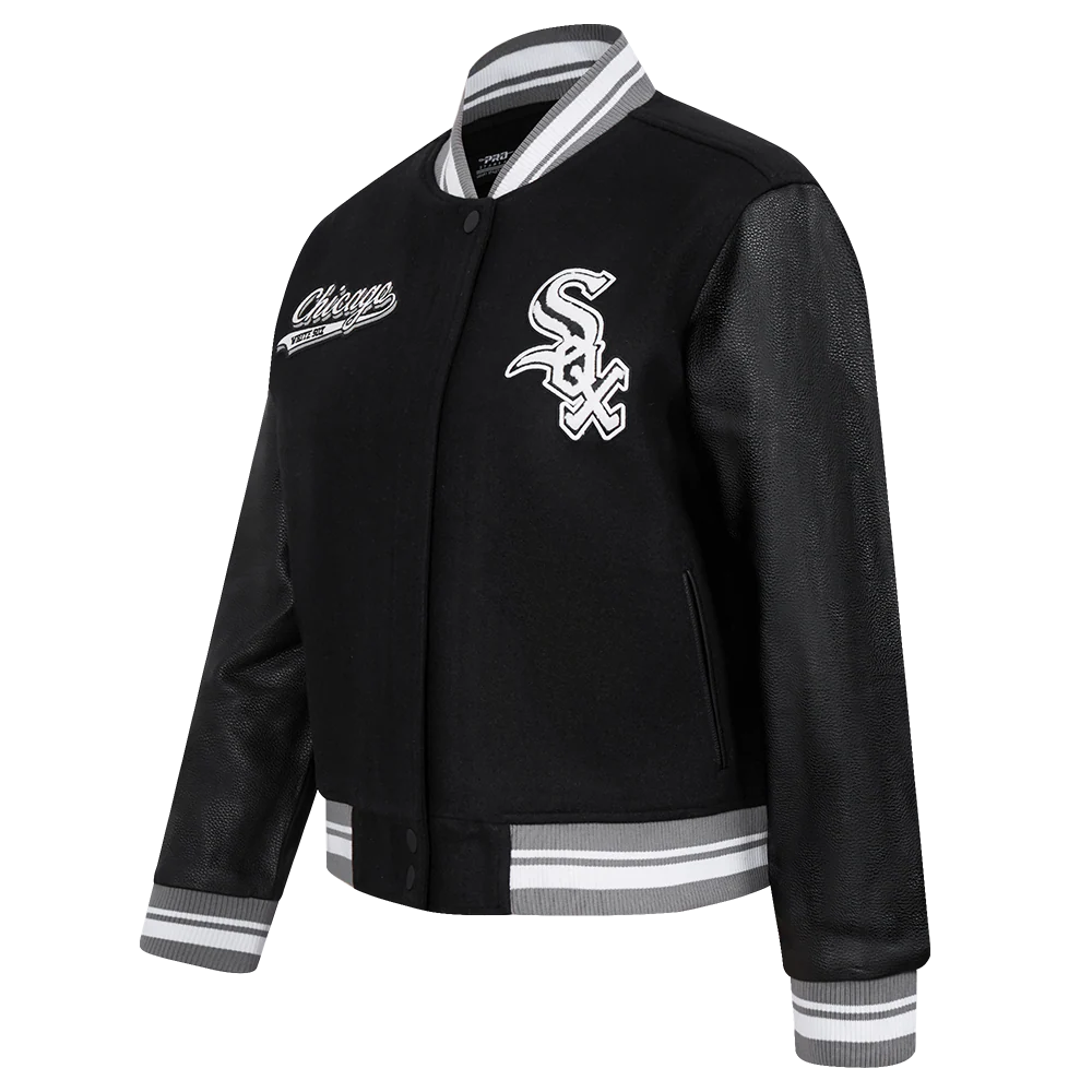 MLB CHICAGO WHITE SOX SCRIPT TAIL WOMEN'S WOOL VARSITY JACKET (BLACK/GRAY) - Image 2