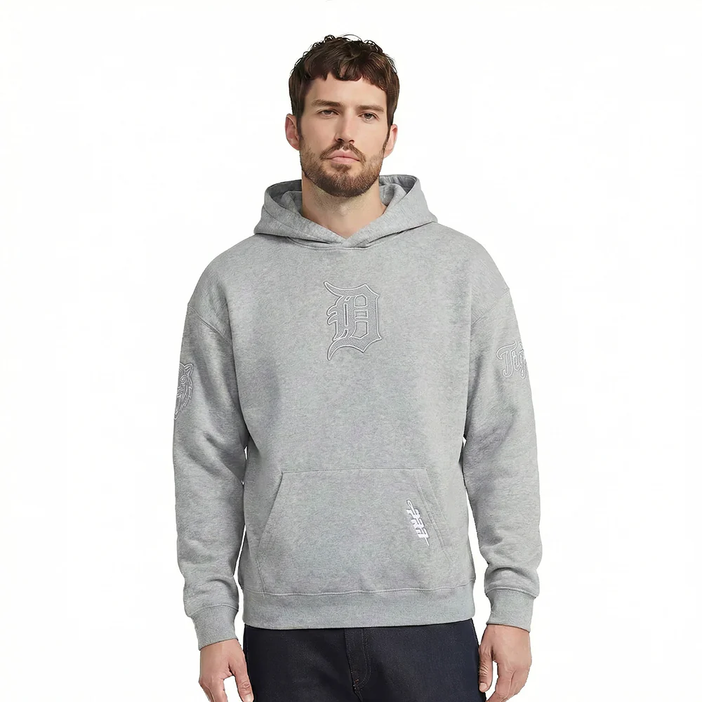 MLB DETROIT TIGERS REVERSE FRENCH TERRY MEN'S DROP SHOULDER FLEECE PULLOVER HOODIE (DARK HEATHER GRAY)