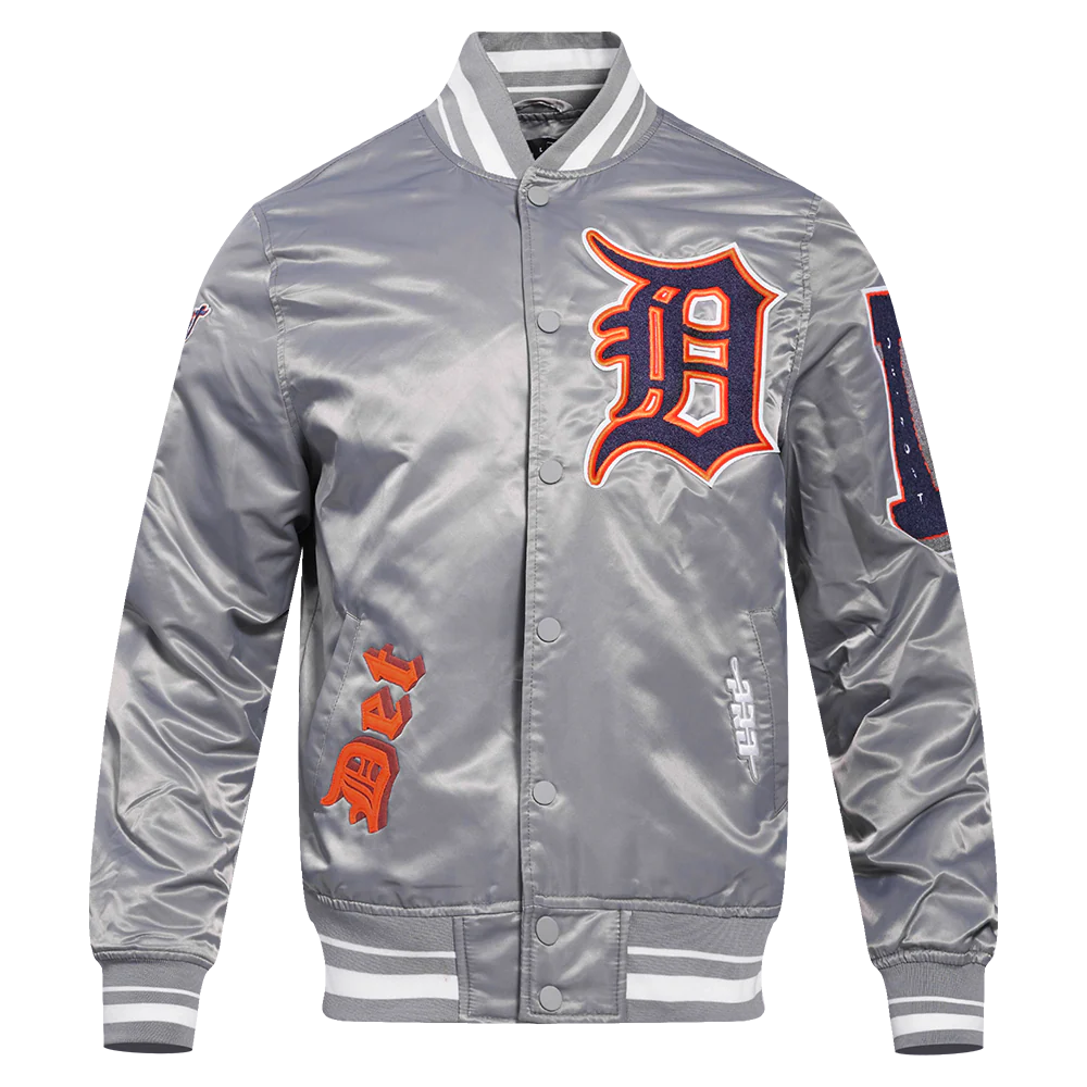 MLB DETROIT TIGERS OLD ENGLISH MEN'S RIB SATIN JACKET (GRAY)