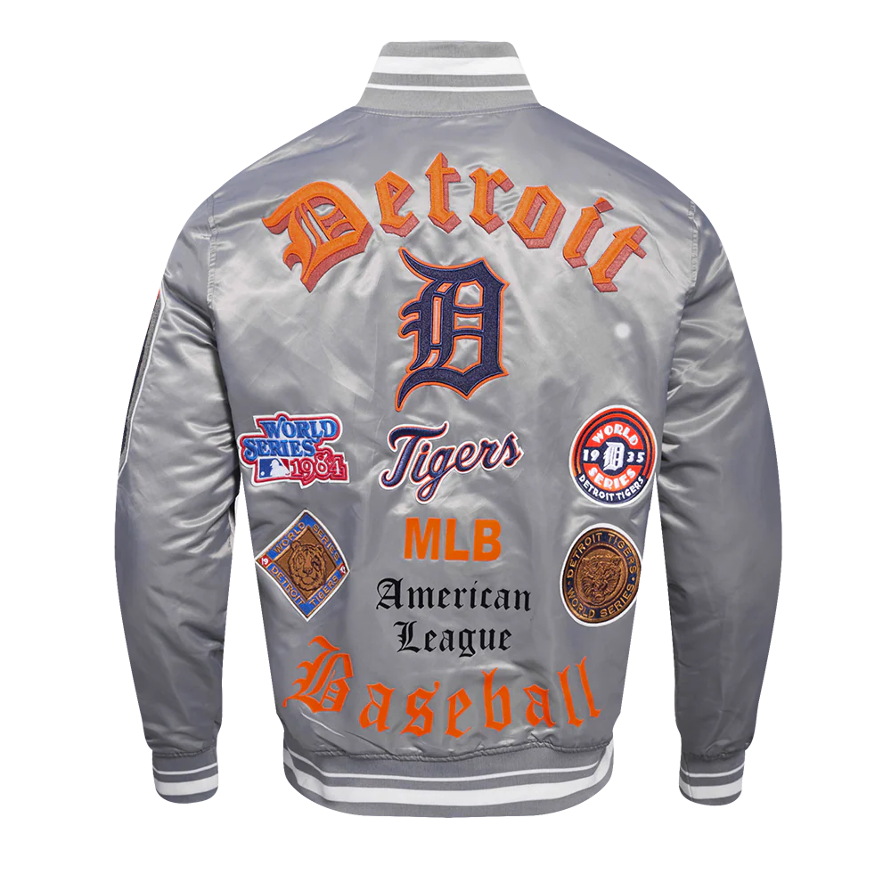 MLB DETROIT TIGERS OLD ENGLISH MEN'S RIB SATIN JACKET (GRAY) - Image 4