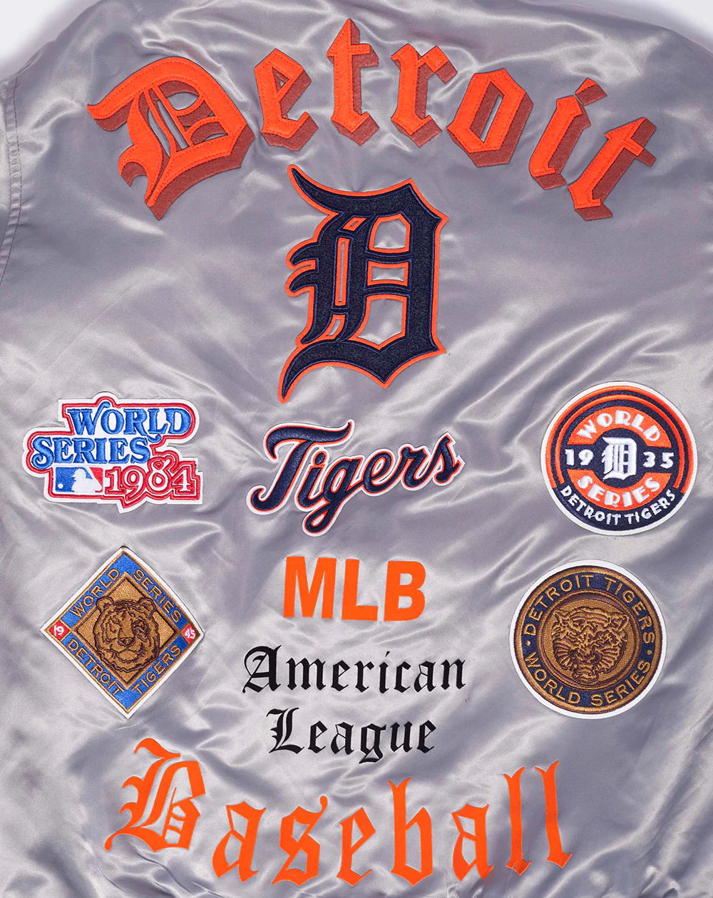 MLB DETROIT TIGERS OLD ENGLISH MEN'S RIB SATIN JACKET (GRAY) - Image 8