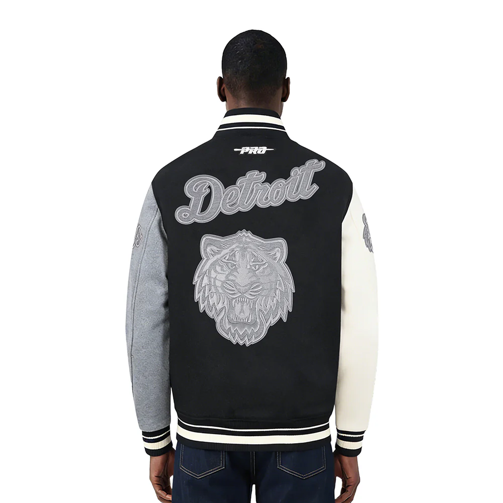 MLB DETROIT TIGERS REVERSE FRENCH TERRY MEN'S COLOR BLOCK WOOL VARSITY JACKET (BLACK/GRAY/EGGSHELL) - Image 2