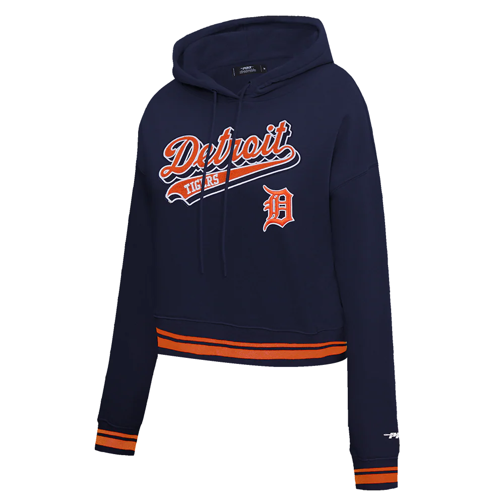 MLB DETROIT TIGERS SCRIPT TAIL WOMEN'S RIB FLEECE CROPPED PULLOVER HOODIE (MIDNIGHT NAVY/ORANGE/MIDNIGHT NAVY) - Image 2
