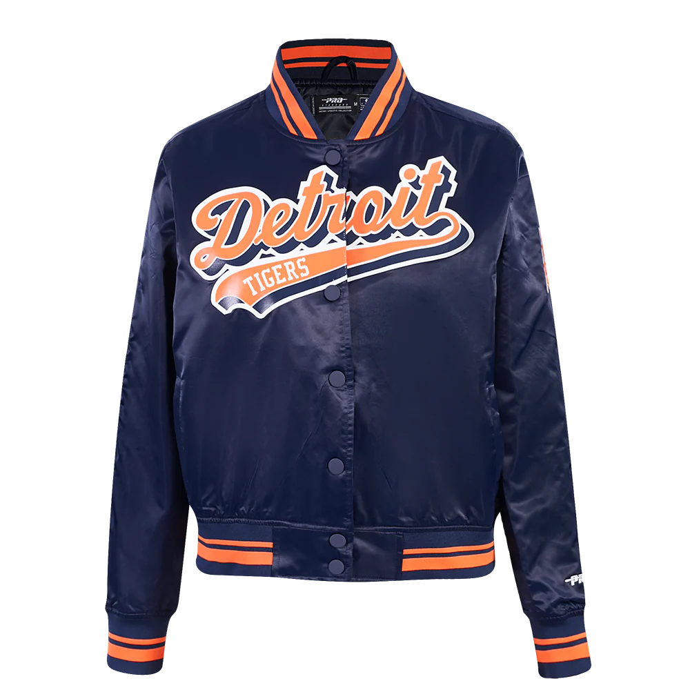 MLB DETROIT TIGERS SCRIPT TAIL WOMEN'S SATIN JACKET (MIDNIGHT NAVY/ORANGE/MIDNIGHT NAVY)