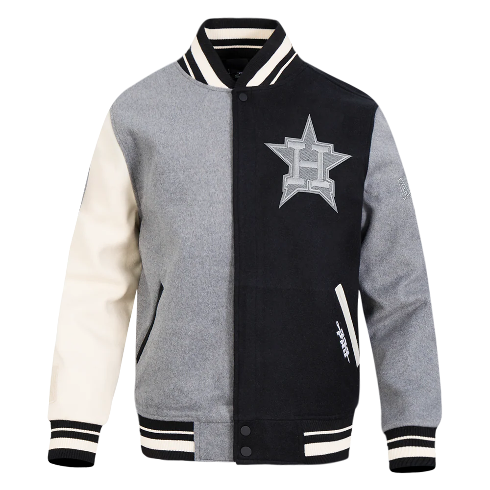 MLB HOUSTON ASTROS REVERSE FRENCH TERRY MEN'S COLOR BLOCK WOOL VARSITY JACKET (BLACK/GRAY/EGGSHELL) - Image 5