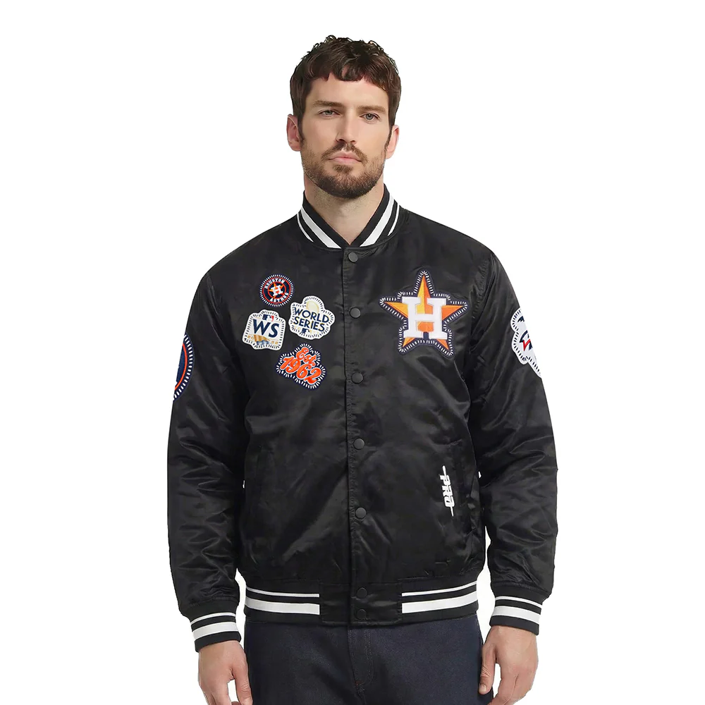 MLB HOUSTON ASTROS DIY PICK STITCH MEN'S RIB SATIN JACKET (BLACK)