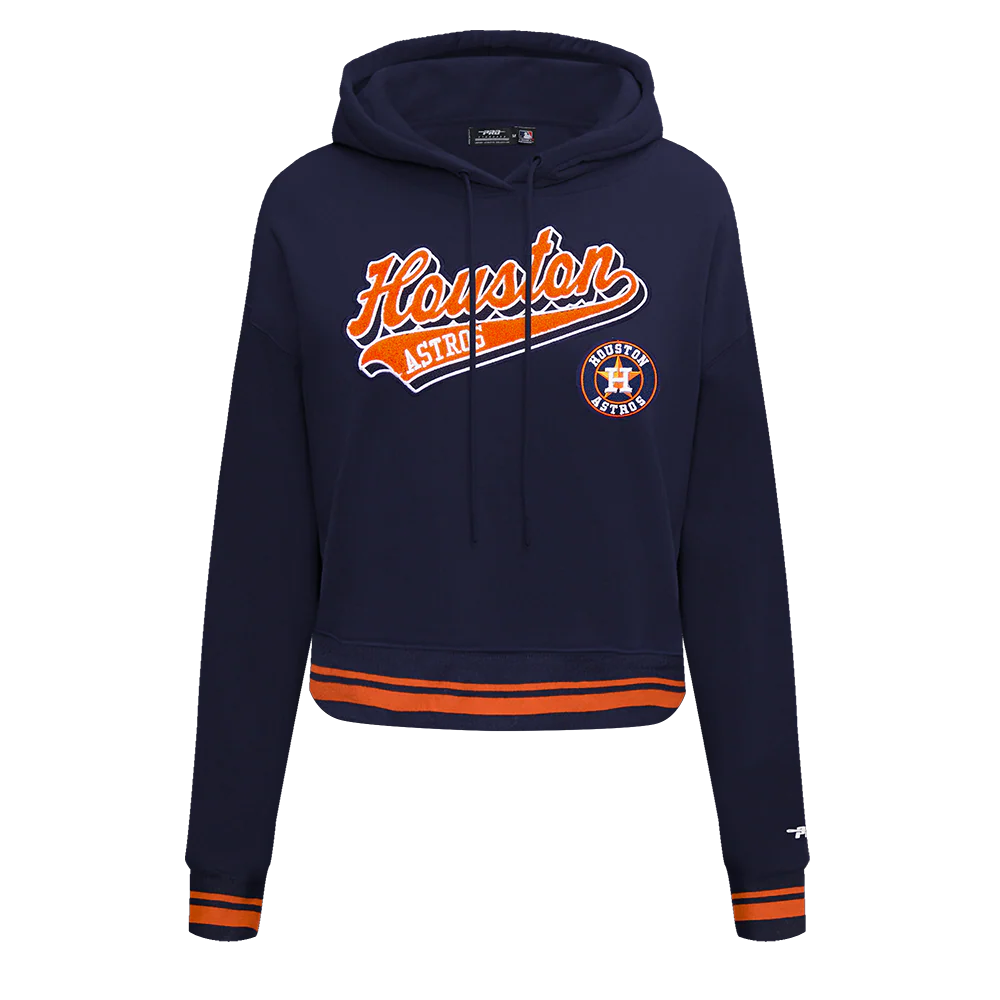 MLB HOUSTON ASTROS SCRIPT TAIL WOMEN'S RIB FLEECE CROPPED PULLOVER HOODIE (MIDNIGHT NAVY/ORANGE/MIDNIGHT NAVY)