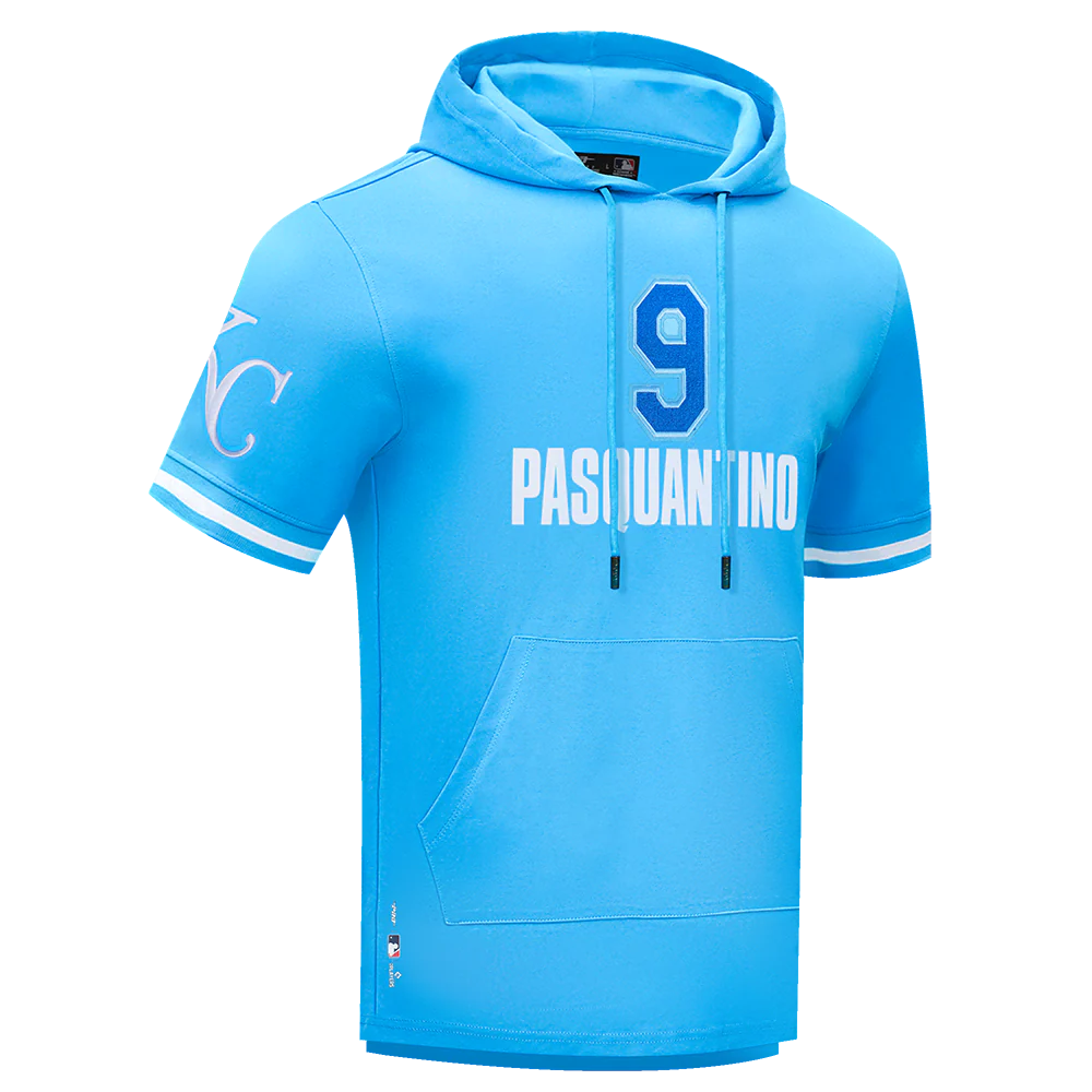 MLB KANSAS CITY ROYALS VINNIE PASQUANTINO #9 CLASSIC MEN'S SHORT SLEEVE PULLOVER HOODIE (UNIVERSITY BLUE) - Image 3