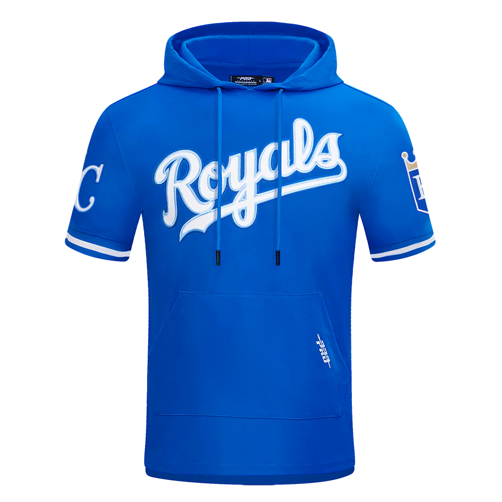 MLB KANSAS CITY ROYALS CLASSIC CHENILLE MEN'S DOUBLE KNIT SHORT SLEEVE PULLOVER HOODIE (ROYAL BLUE)