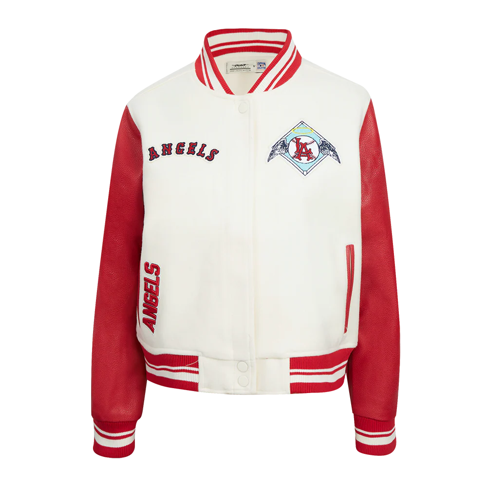 MLB LOS ANGELES ANGELS RETRO CLASSIC WOMEN'S RIB WOOL VARSITY JACKET (EGGSHELL/ RED)