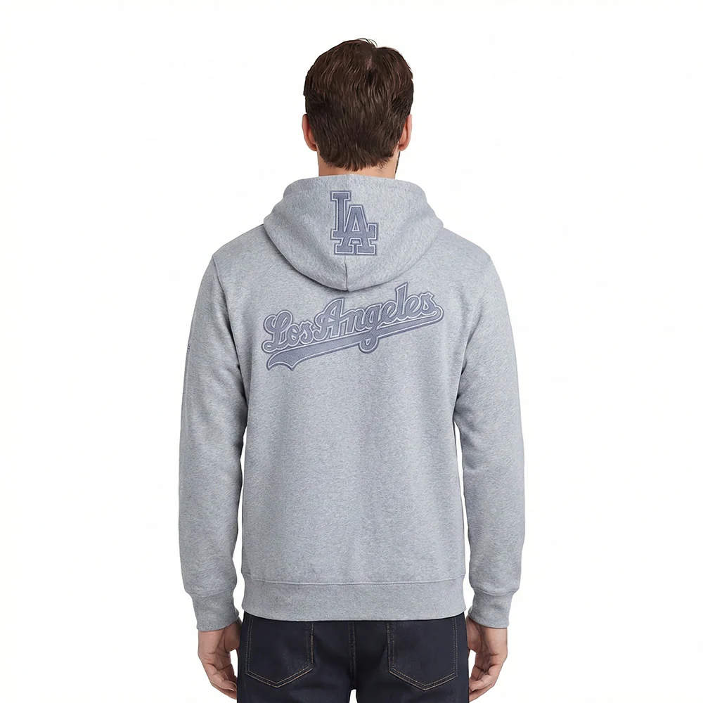 MLB LOS ANGELES DODGERS REVERSE FRENCH TERRY MEN'S DROP SHOULDER FLEECE PULLOVER HOODIE (DARK HEATHER GRAY) - Image 2