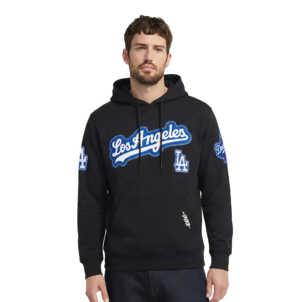 MLB LOS ANGELES DODGERS DIY PICK STITCH MEN'S DOUBLE KNIT PULLOVER HOODIE (BLACK)