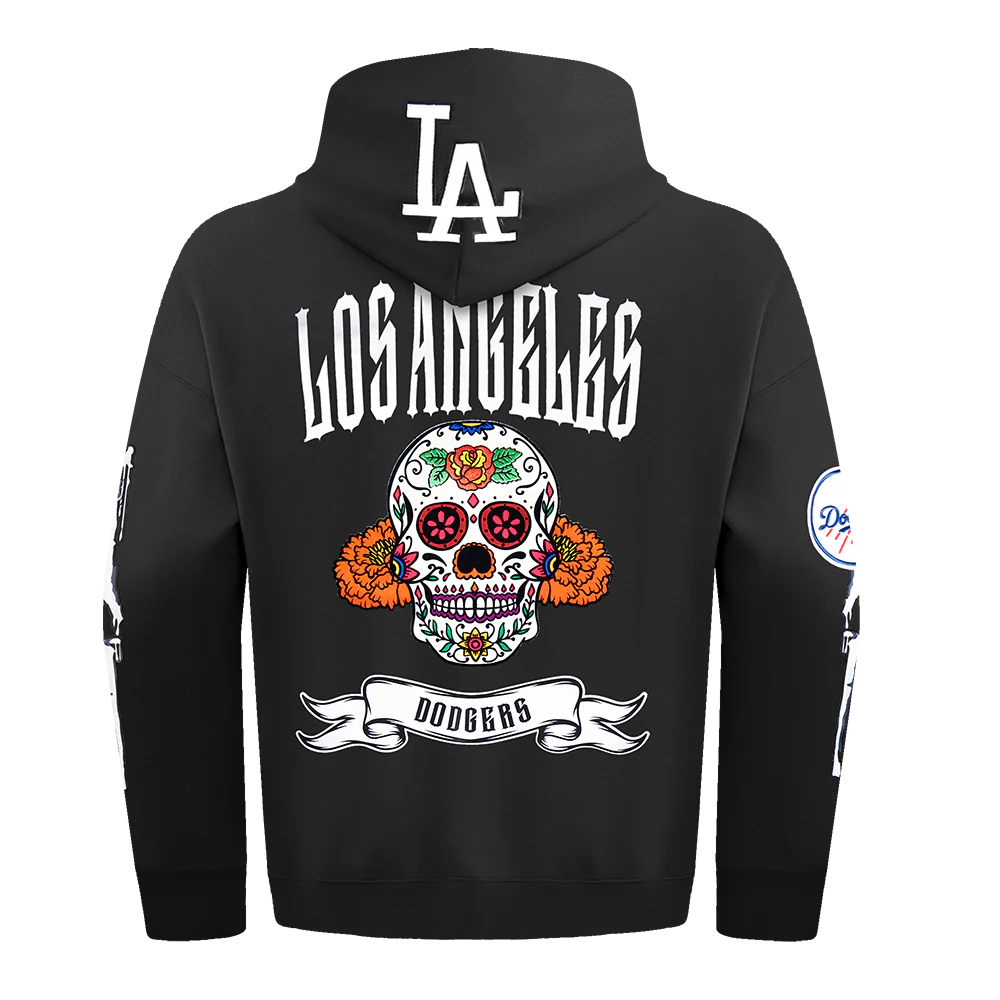 MLB LOS ANGELES DODGERS RIB CAGE MEN'S DROP SHOULDER FLEECE PULLOVER HOODIE (BLACK) - Image 4