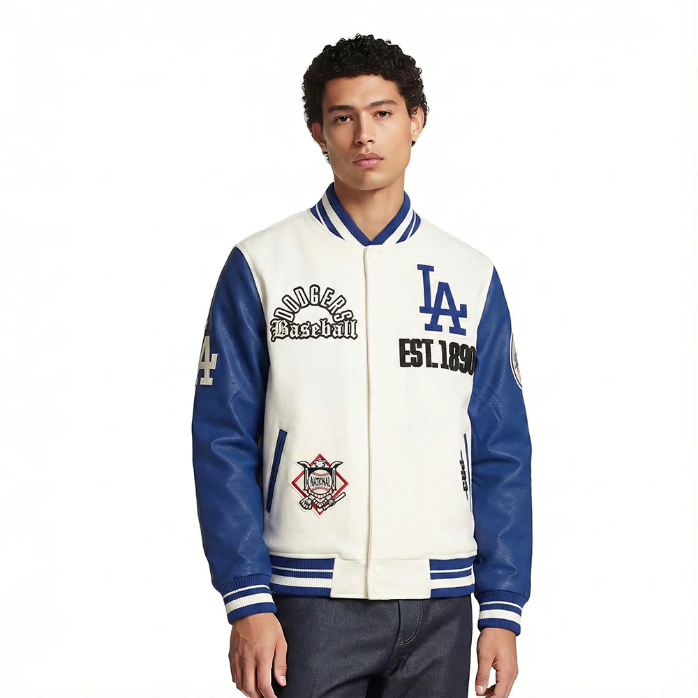 MLB LOS ANGELES DODGERS MODERN ORIGINALS MEN'S RIB WOOL VARSITY JACKET (EGGSHELL/DODGER BLUE)