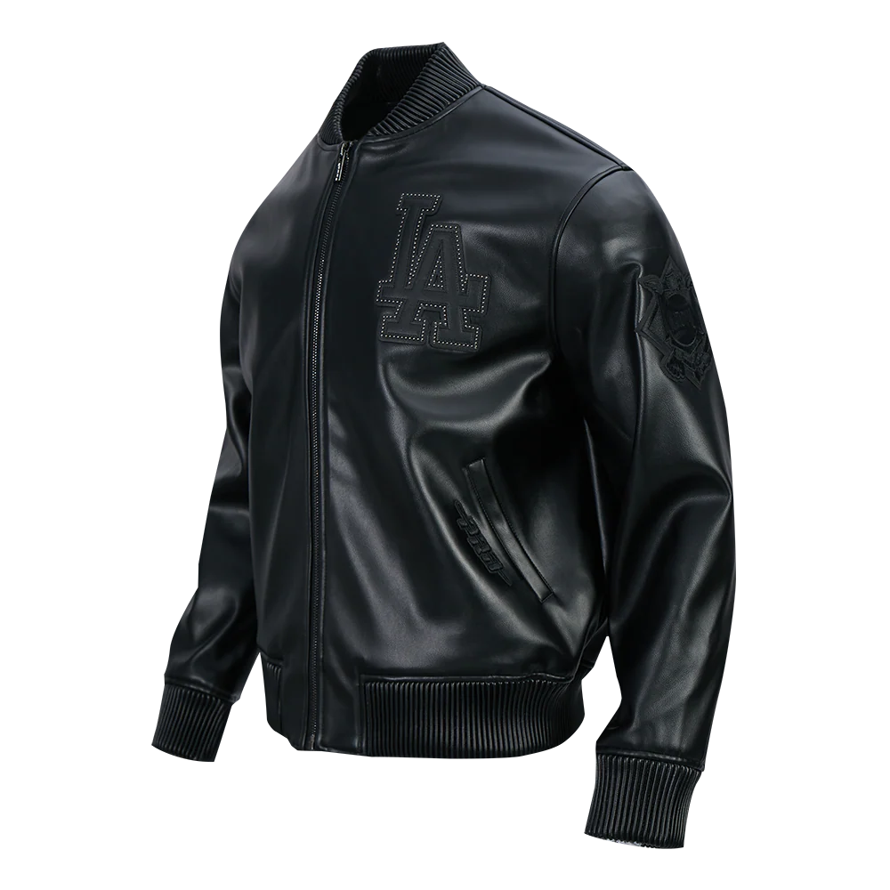 MLB LOS ANGELES DODGERS BLACKOUT MEN'S LEATHER VARSITY JACKET (JET BLACK) - Image 3