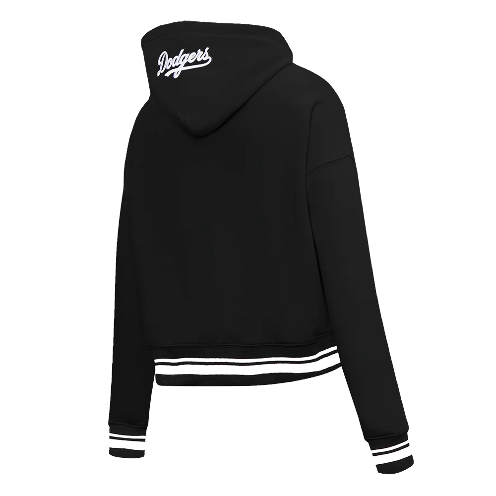 MLB LOS ANGELES DODGERS SCRIPT TAIL WOMEN'S RIB FLEECE CROPPED PULLOVER HOODIE (BLACK/DODGER BLUE) - Image 4