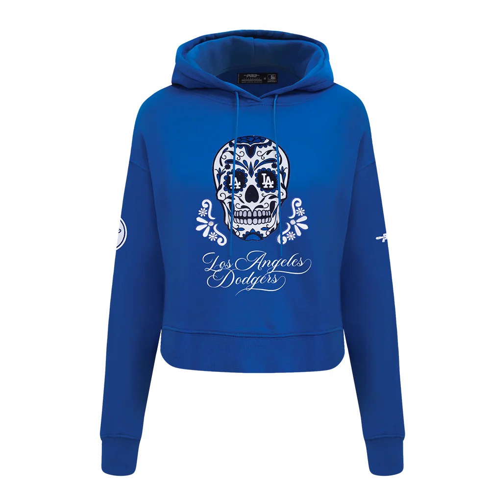 MLB LOS ANGELES DODGERS SUGAR SKULL WOMEN'S FLEECE CROPPED PULLOVER HOODIE (DODGER BLUE)