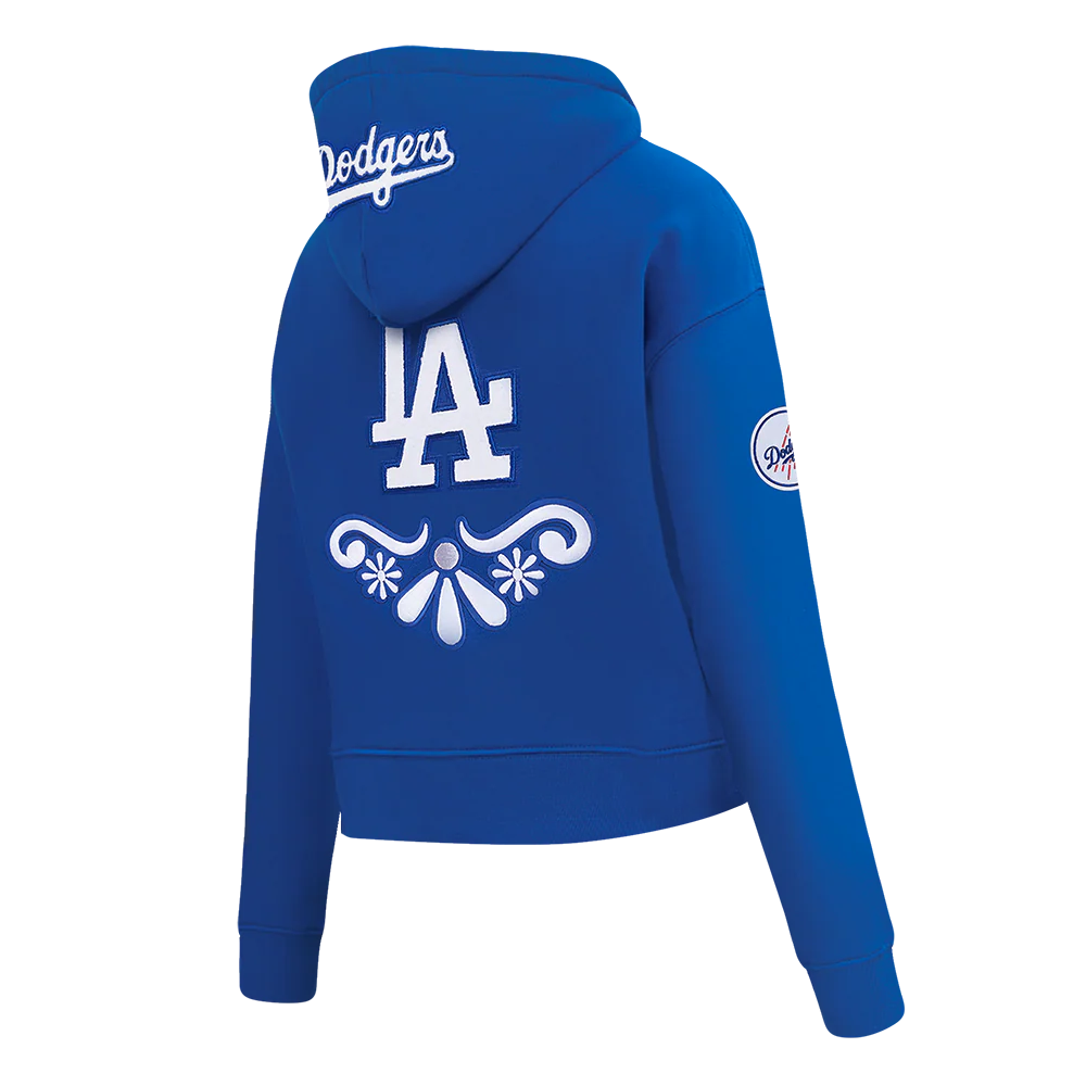 MLB LOS ANGELES DODGERS SUGAR SKULL WOMEN'S FLEECE CROPPED PULLOVER HOODIE (DODGER BLUE) - Image 3