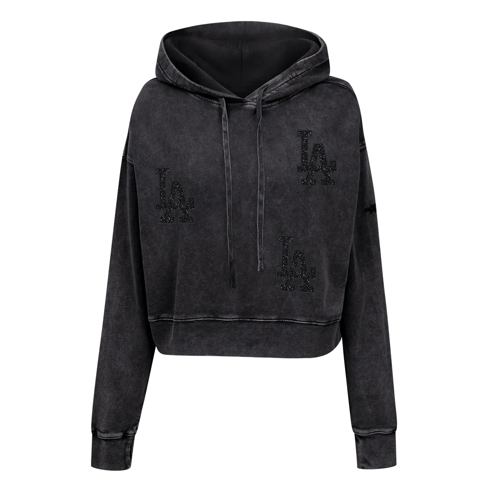 MLB LOS ANGELES DODGERS WASHED CRYSTALLINE WOMEN'S ENZYME WASH FT CROP (WASHED BLACK)
