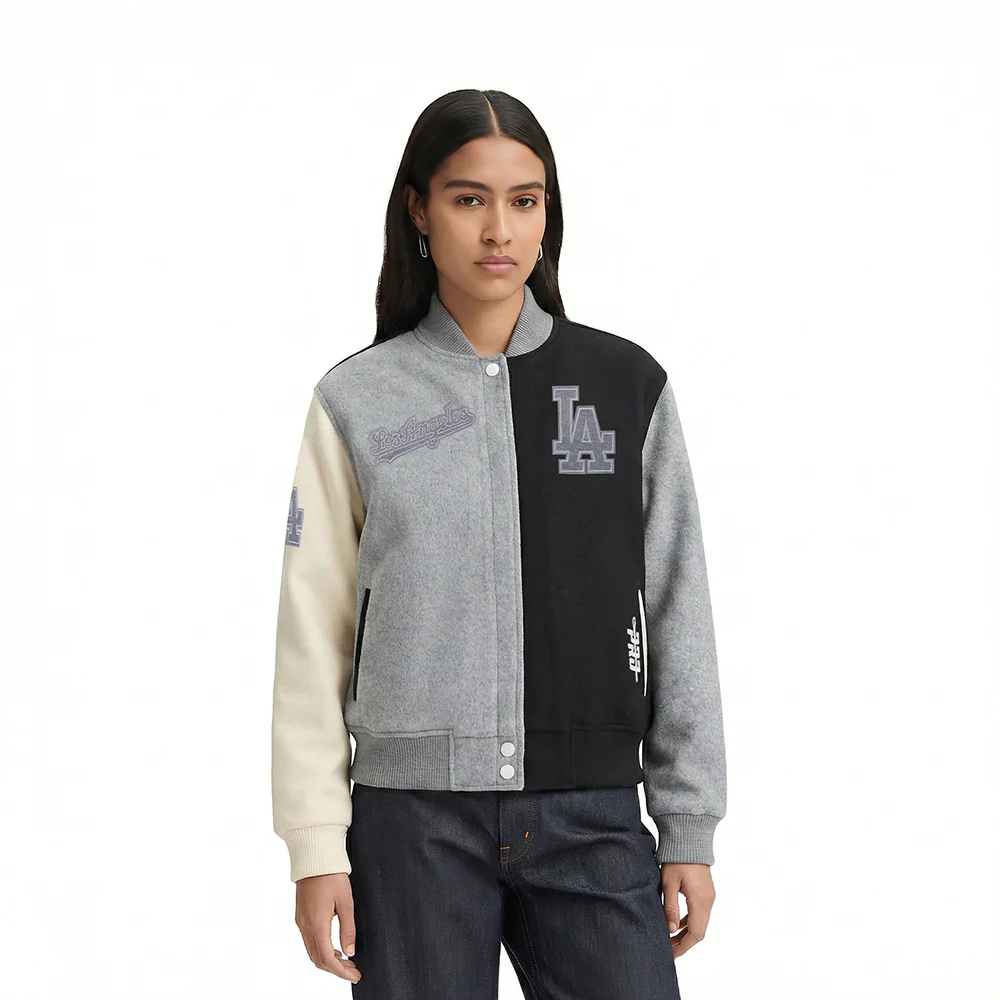 MLB LOS ANGELES DODGERS REVERSE FRENCH TERRY WOMEN'S WOOL VARSITY JACK (BLACK/GRAY/EGGSHELL)