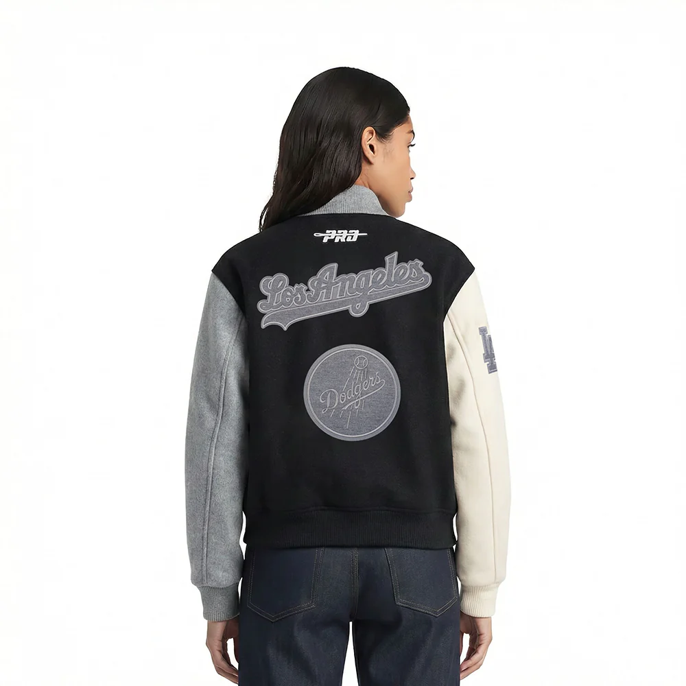 MLB LOS ANGELES DODGERS REVERSE FRENCH TERRY WOMEN'S WOOL VARSITY JACK (BLACK/GRAY/EGGSHELL) - Image 2