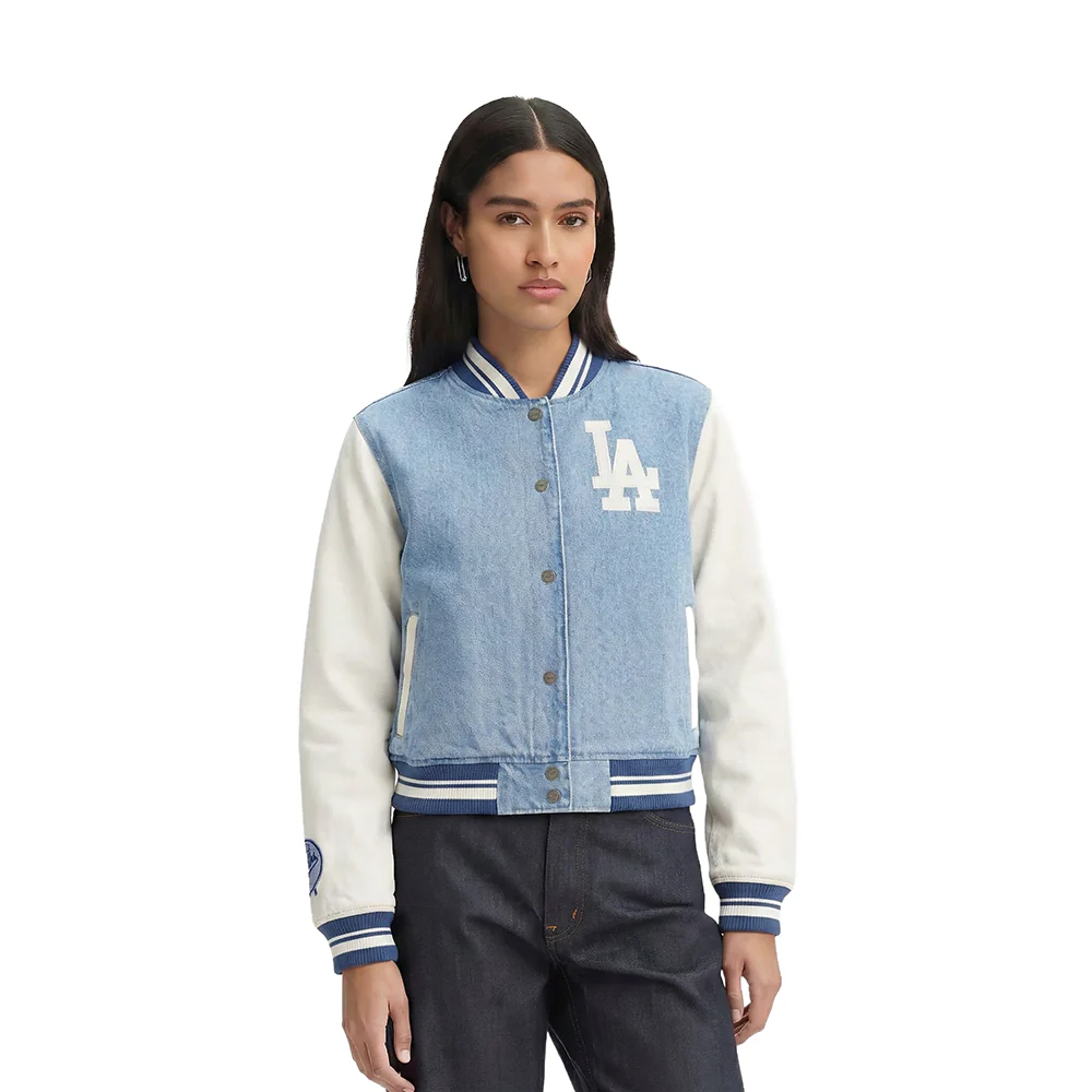 MLB LOS ANGELES DODGERS VARSITY BLUES WOMEN'S DENIM VARSITY JACKET (DENIM/LINEN)
