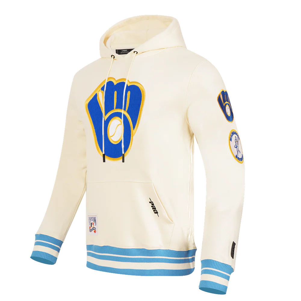 MLB MILWAUKEE BREWERS RETRO CLASSIC MEN'S PULLOVER HOODIE (EGGSHELL/ UNIVERSITY BLUE) - Image 2