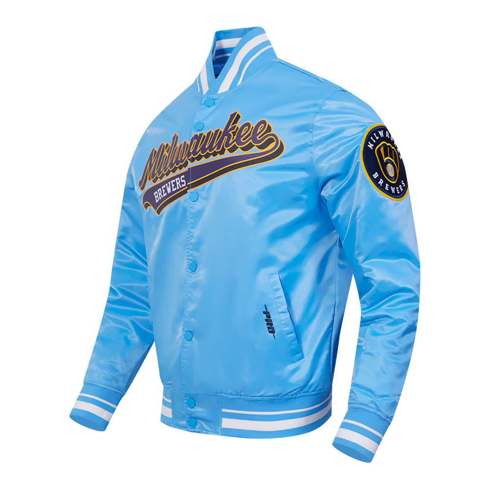 MLB MILWAUKEE BREWERS SCRIPT TAIL MEN'S SATIN JACKET (UNIVERSITY BLUE) - Image 2