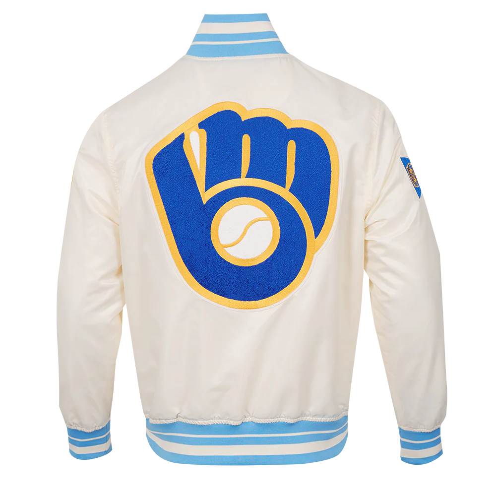 MLB MILWAUKEE BREWERS RETRO CLASSIC MEN'S RIB SATIN JACKET (EGGSHELL/ UNIVERSITY BLUE) - Image 4