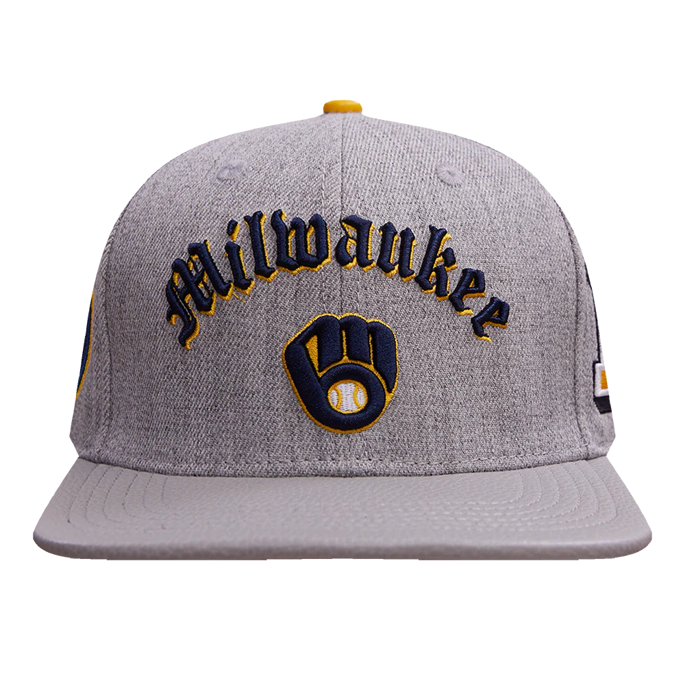 MLB MILWAUKEE BREWERS OLD ENGLISH UNISEX 6 PANEL LEATHER STRAPBACK (HEATHER GREY)
