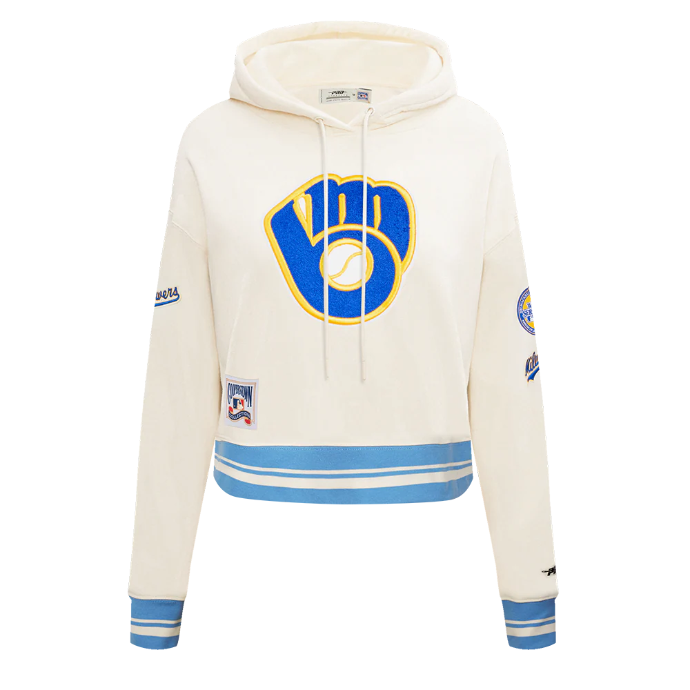 MLB MILWAUKEE BREWERS RETRO CLASSIC WOMEN'S RIB CROPPED PULLOVER HOODIE (EGGSHELL/ UNIVERSITY BLUE)